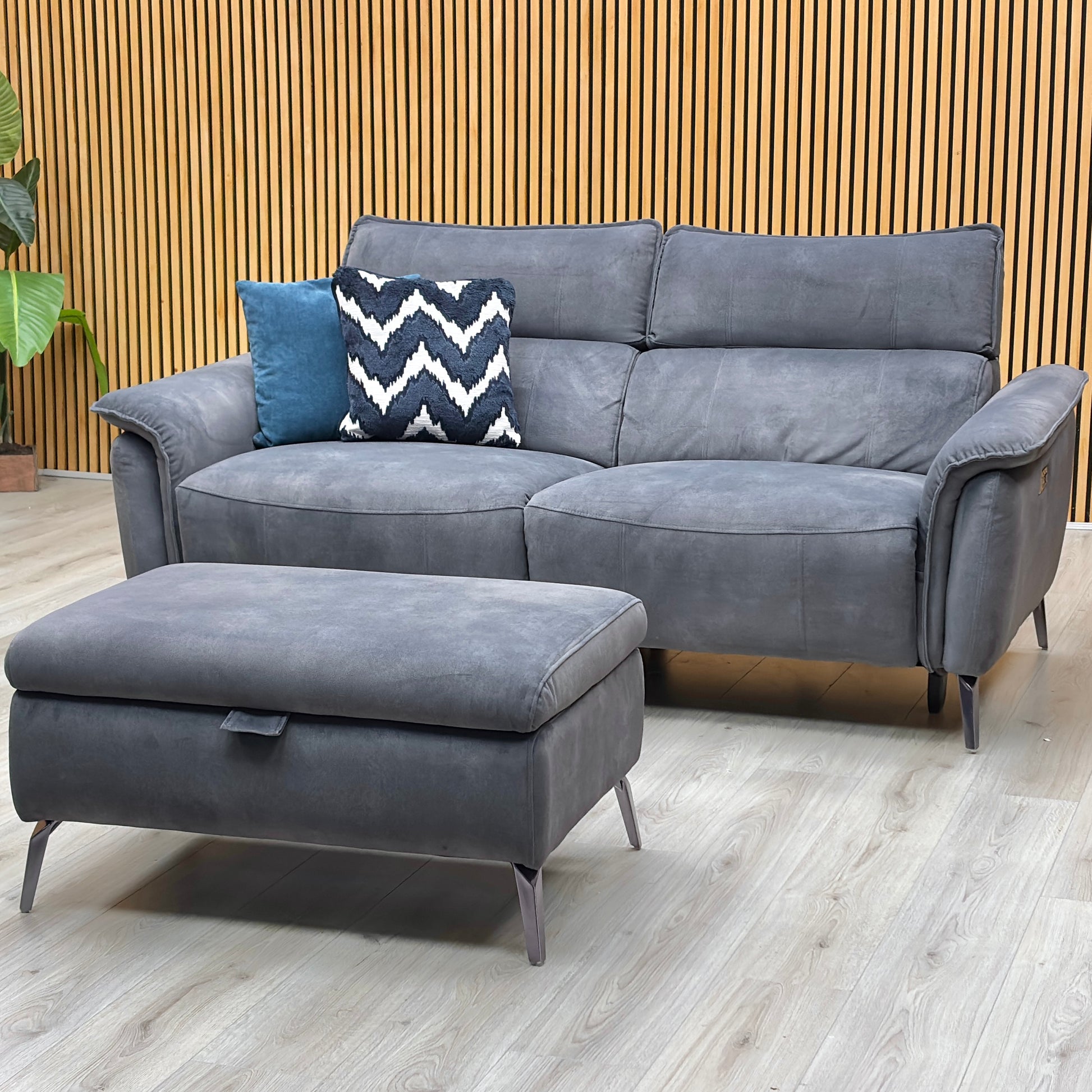 ‘Jude’ Dexter Shadow Charcoal Grey Velvet 3 Seater Power Recliner Sofa with Telescopic Headrests + Storage Footstool Furniture Village