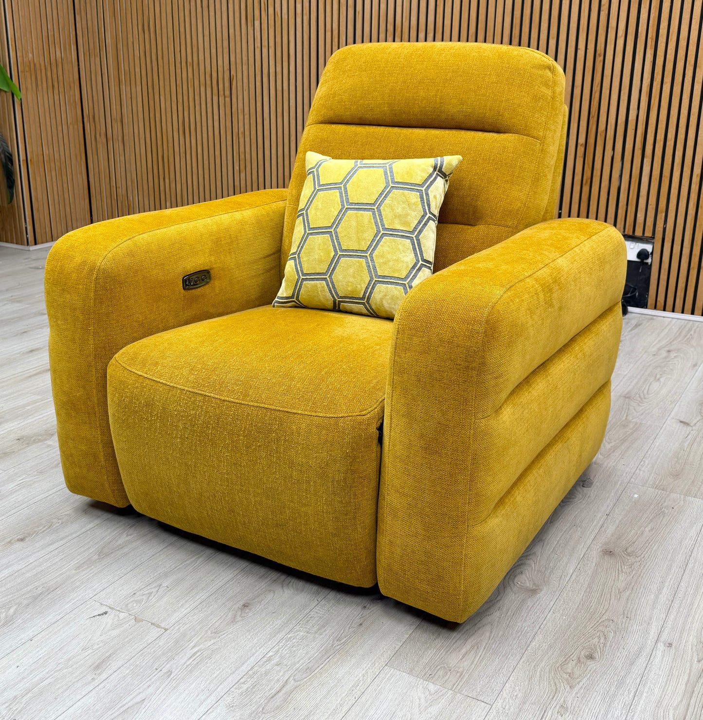 'Jumbo' Honey Yellow Fabric Power Recliner Chair Furniture Village