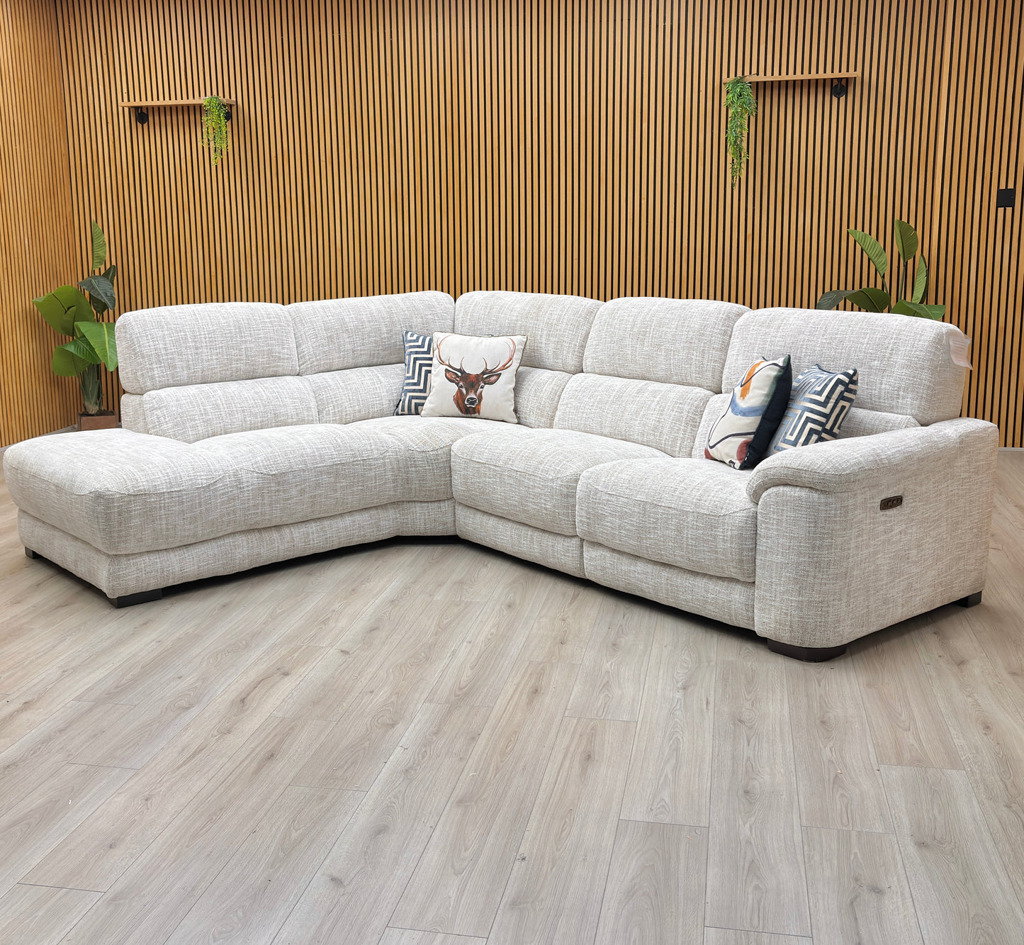 ‘Nova’ Fab-Mga-R04 Beige Fabric Power Recliner Chaise End Sofa with Power Headrests Furniture Village
