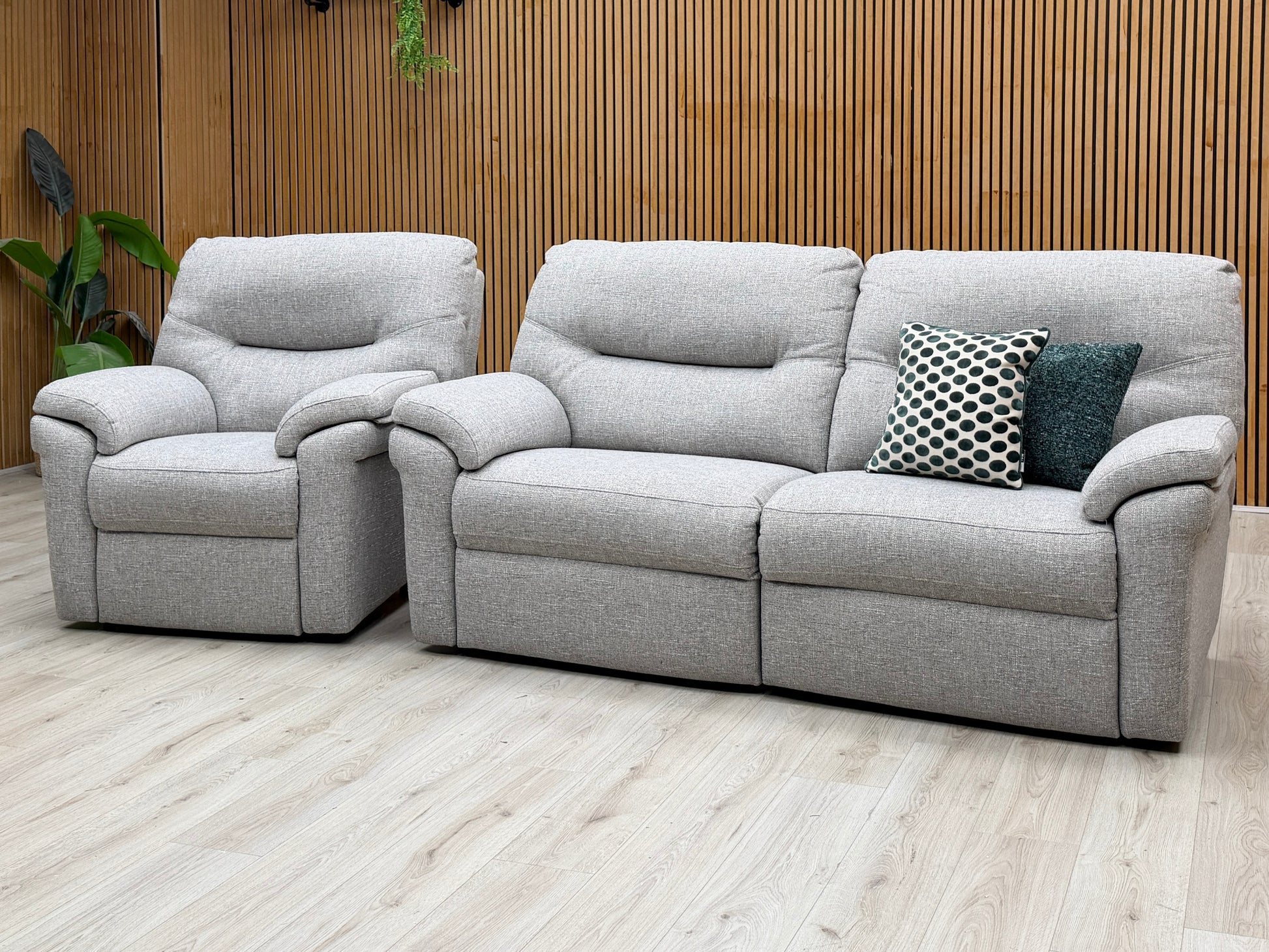 G Plan ‘Seattle’ Grey Fabric 3 Seater Power Recliner Sofa + Power Chair – view 3
