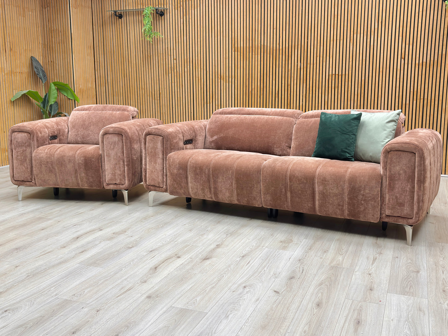 ‘Elphaba’ Manhattan Burnt Sienna Brown Fabric 3 Seater Power Recliner Sofa with Storage Arms + Power Chair Furniture Village