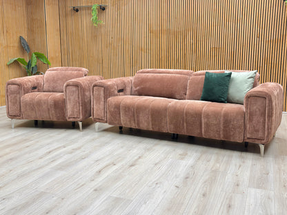 ‘Elphaba’ Manhattan Burnt Sienna Brown Fabric 3 Seater Power Recliner Sofa with Storage Arms + Power Chair Furniture Village