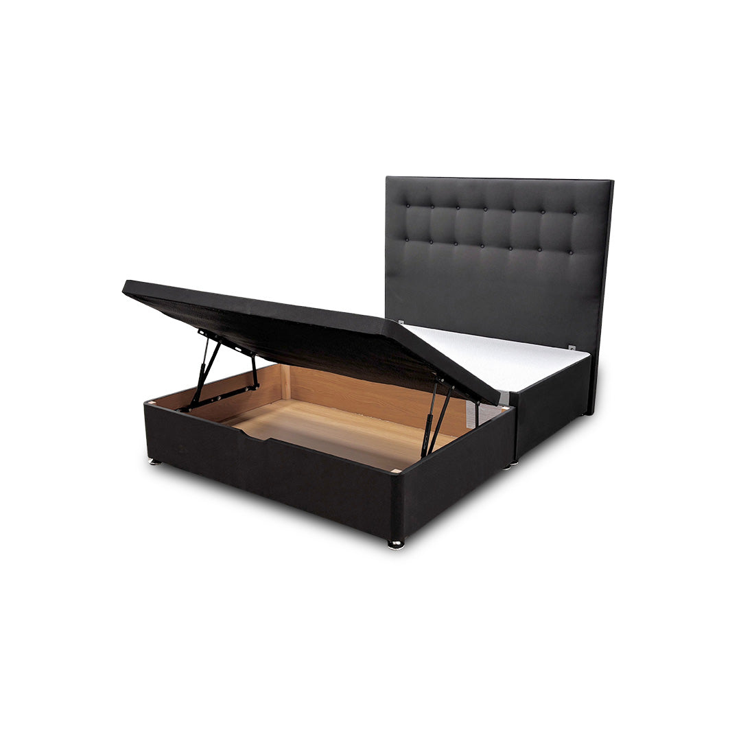 'Silentnight' Charcoal Ebony Goya Fabric Divan Bed with Ottoman Storage + Floorstanding Headboard