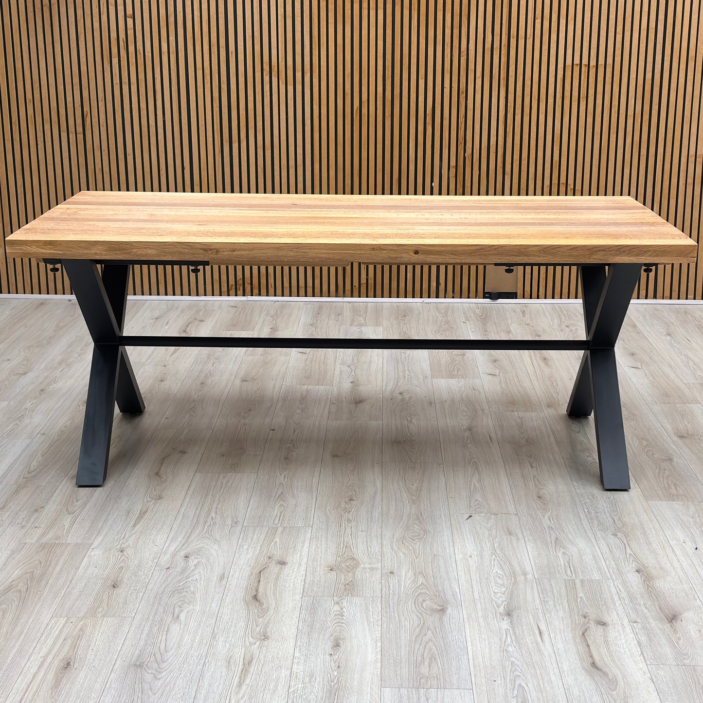'Earth' Solid Oak 190cm X-Shaped Legs Dining Table with Graphite Grey Faux Leather Set of 4 Dining Chairs