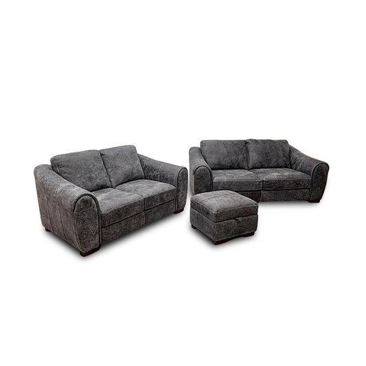 'Galleria' Utah Grey Leather 3 + 2 Sofa Set with Storage Footstool