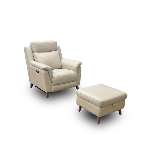 'Sienna' Cream Leather Power Recliner Armchair with Power Headrest + Storage Footstool