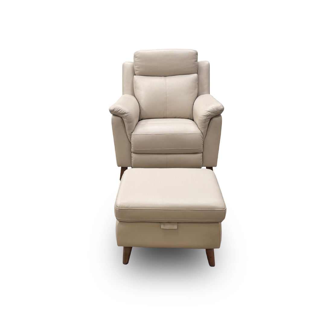 'Sienna' Cream Leather Power Recliner Armchair with Power Headrest + Storage Footstool
