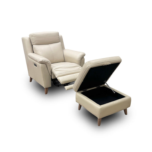 'Sienna' Cream Leather Power Recliner Armchair with Power Headrest + Storage Footstool