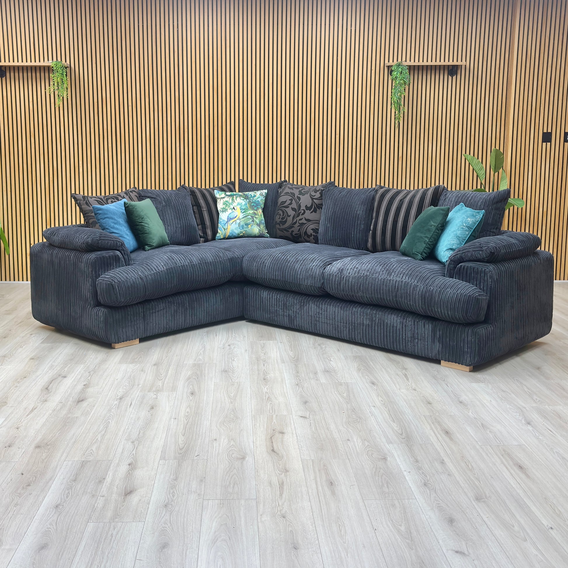 'Celine' Black Celine Cord Fabric Right Arm Facing 2 Seater Pillow Back Corner Sofa DFS