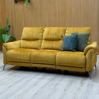 ‘Daytona’ 52002 Heritage Saffron Yellow Velvet Fabric 3 Seater Power Recliner Sofa with Drinks Holder and Built-in Bluetooth Speaker
