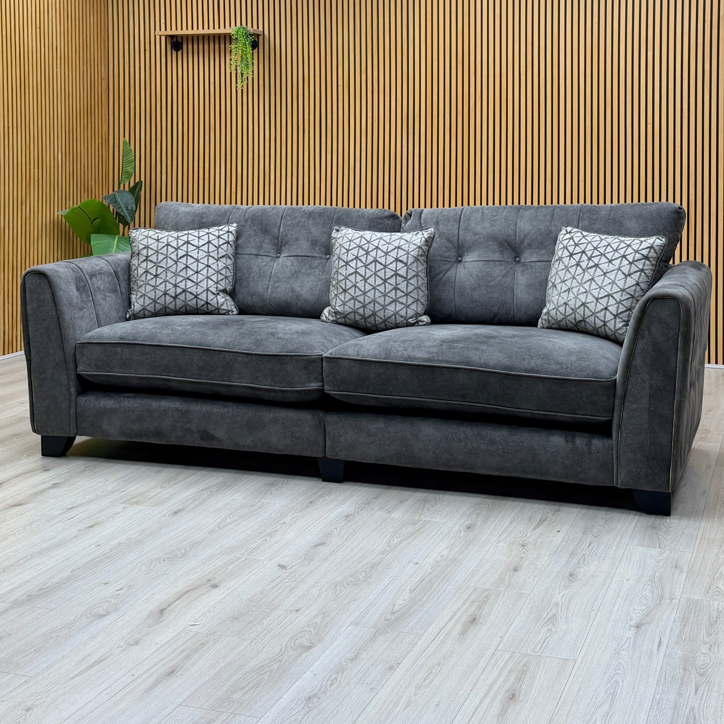 ‘Mariah’ Dapple Moleskin-Tri Brass Insert Velvet Fabric 4 Seater Classic Back Split Frame Sofa