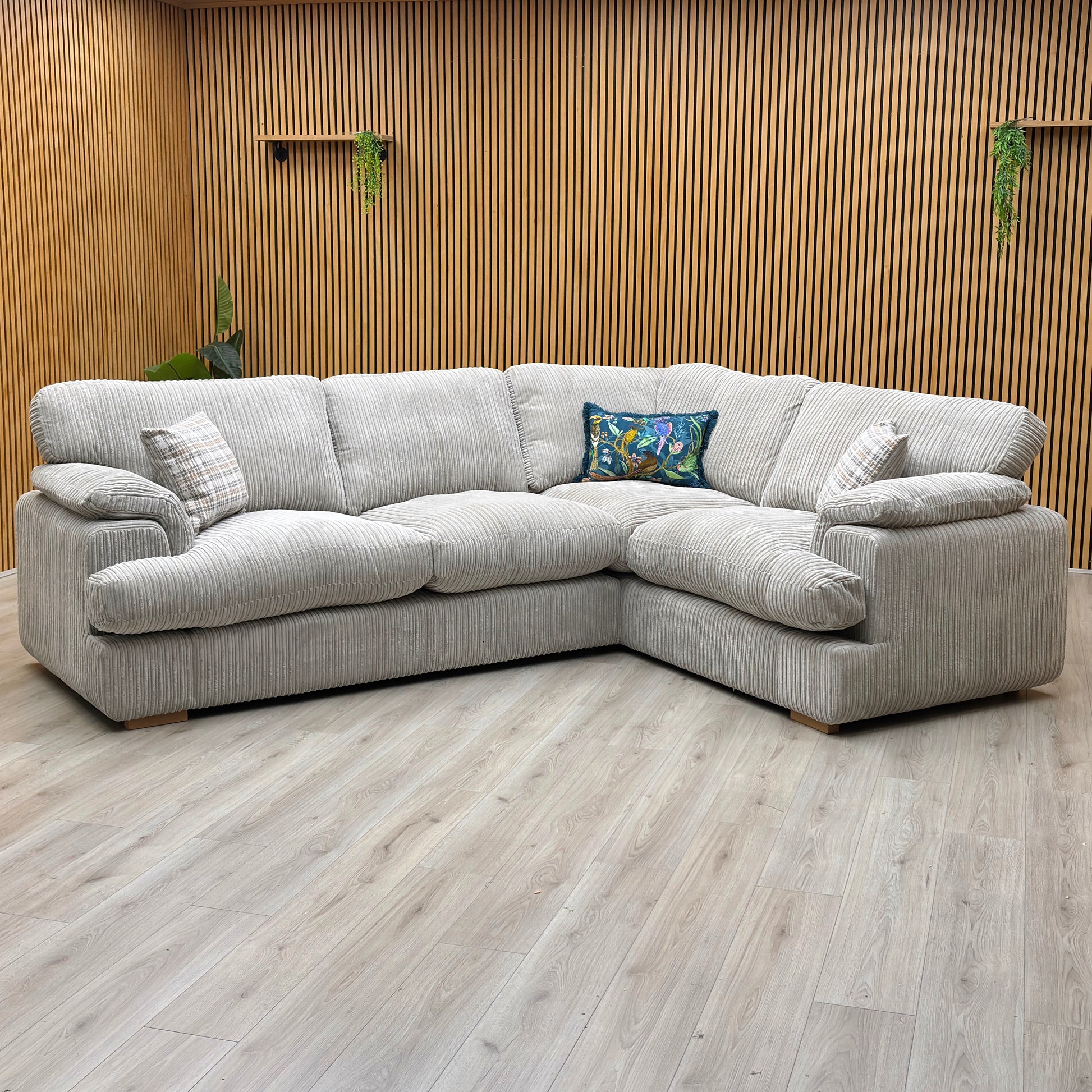 ‘Celine’ Mink and Mocha Celine Cord Fabric Left Arm Facing 2 Seater Formal Back Corner Sofa DFS