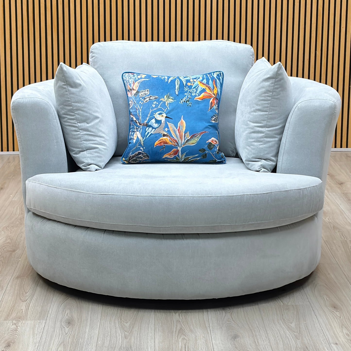 ‘Freya’ Light Blue Freya Fabric Large Swivel Chair DFS