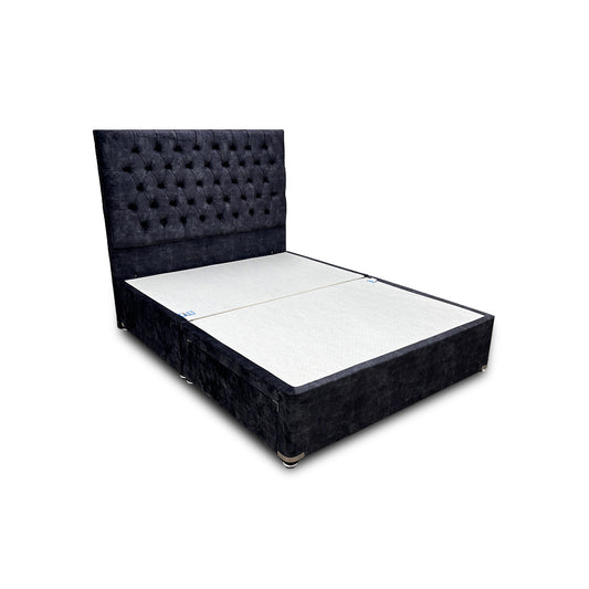 ‘Mercury’ Marble Gun Metal Velvet 2 Draw Divan Bed Base + Floor Standing Headboard - King