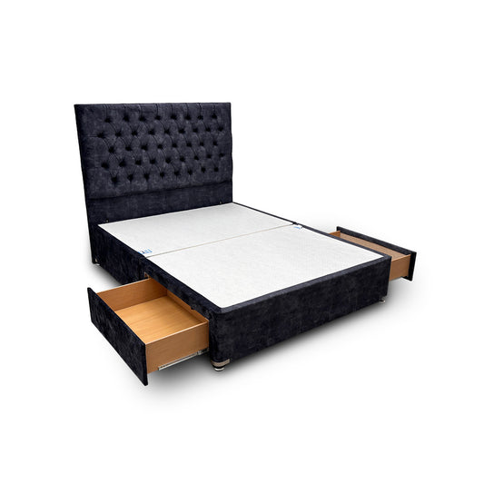 ‘Mercury’ Marble Gun Metal Velvet 2 Draw Divan Bed Base + Floor Standing Headboard - King