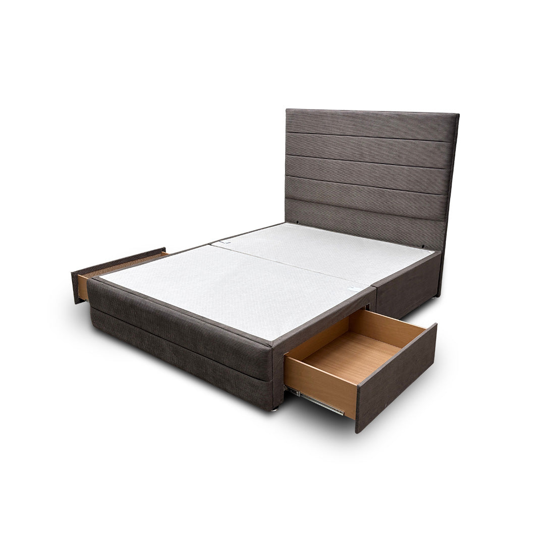 'Trio’ Khaki Fabric 2 Draw Divan Bed Base + Floor Standing Headboard - King