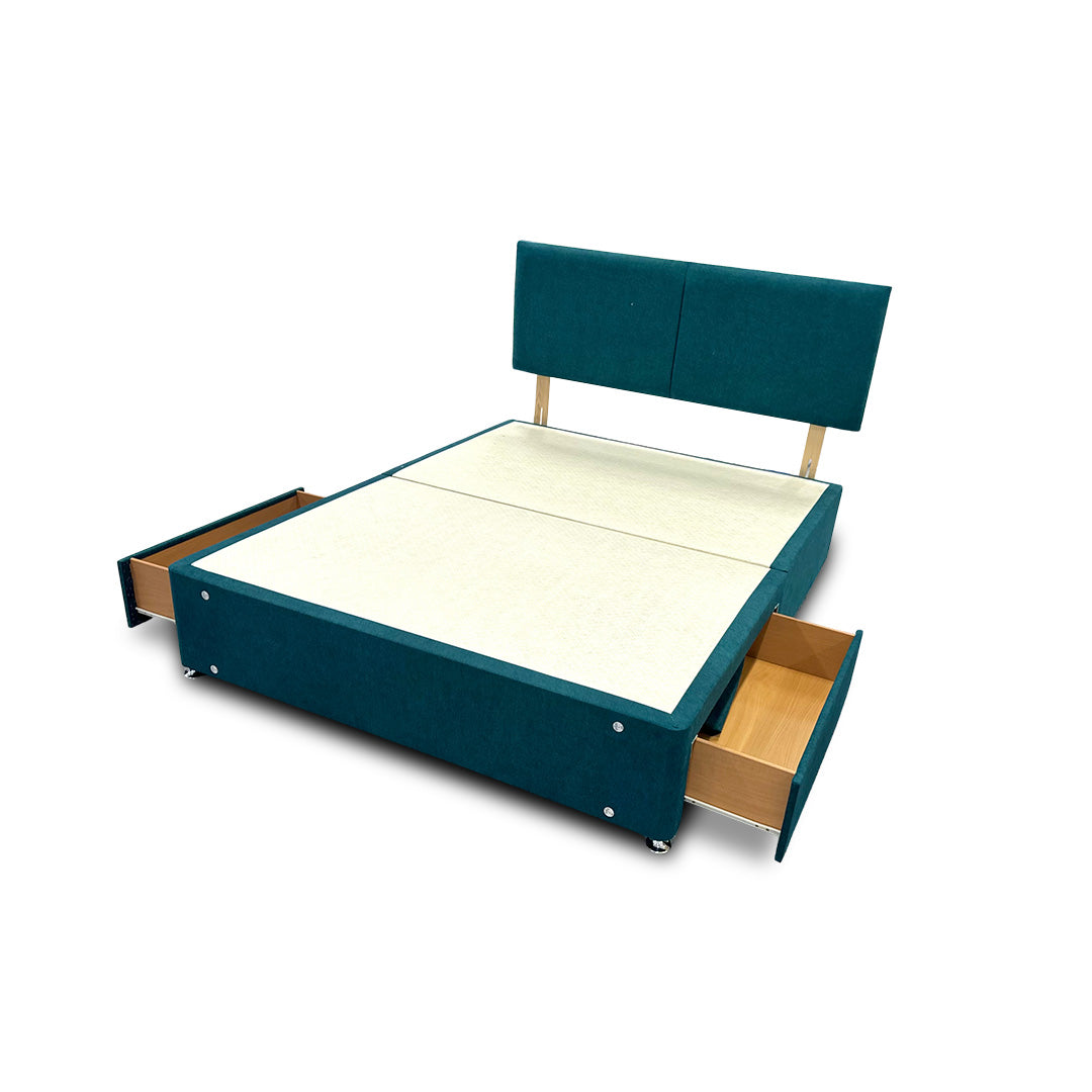 ‘Bella’ Teal Velvet Divan Base + Headboard with 2 Drawers - King