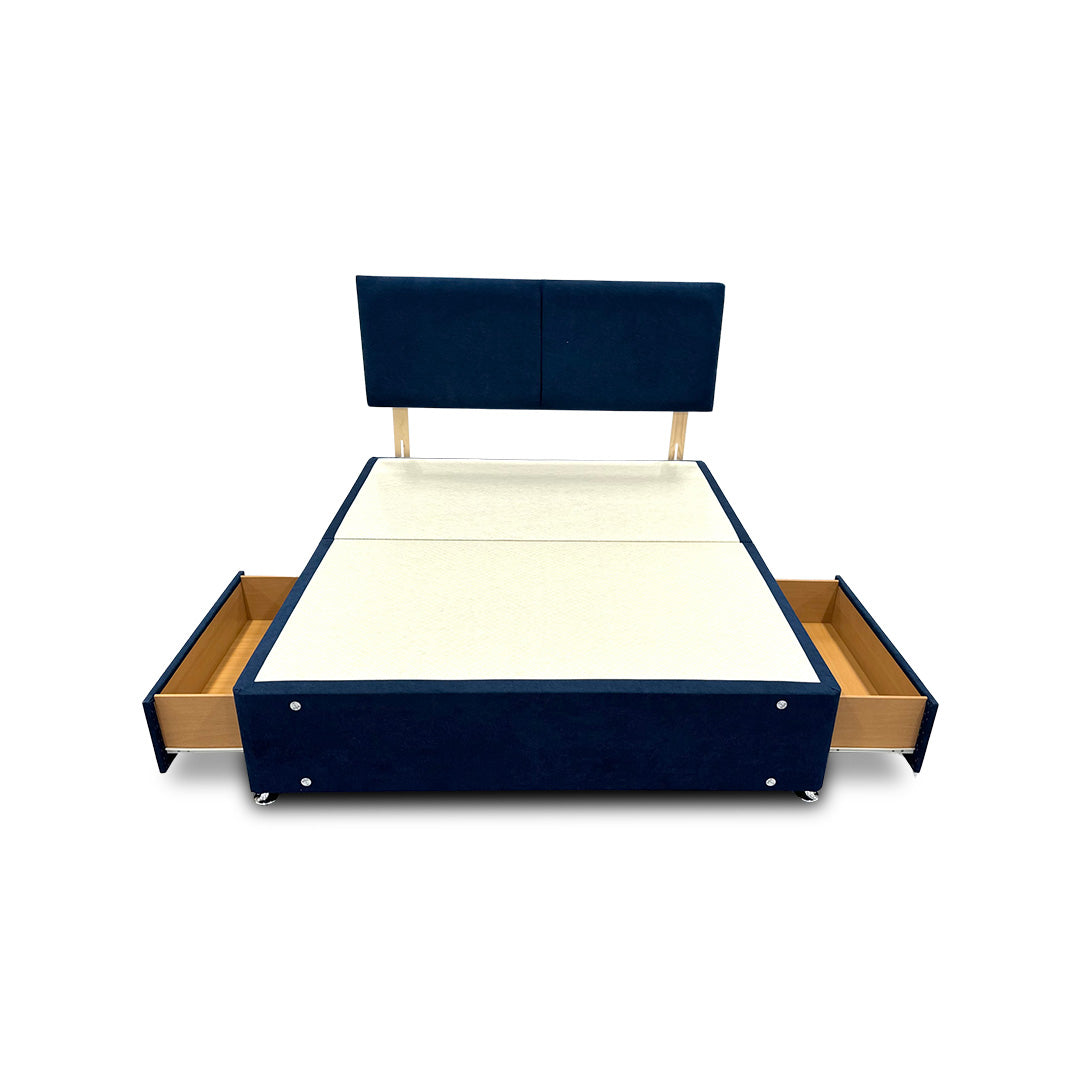 'Bella' Navy Velvet Divan Base + Headboard with 2 Drawers - King