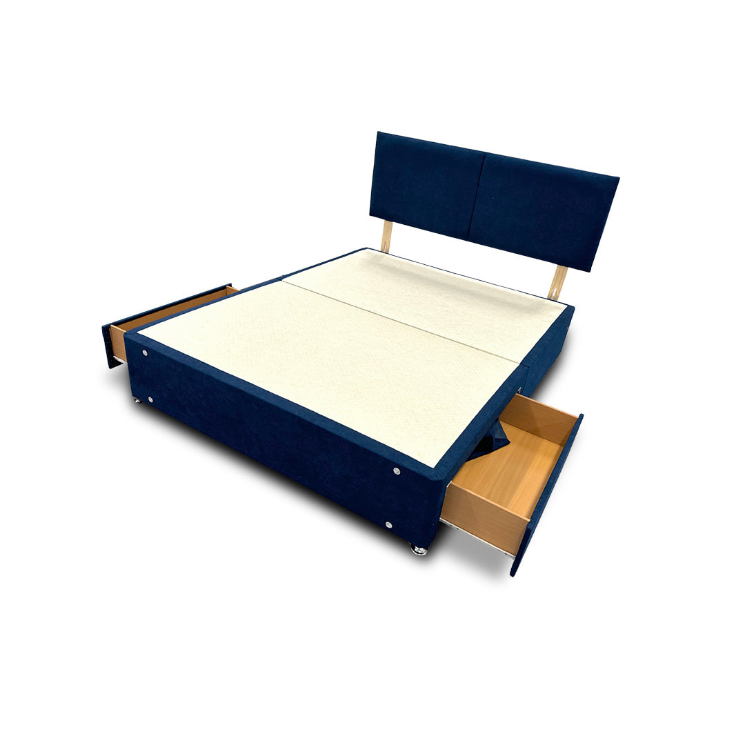 'Bella' Navy Velvet Divan Base + Headboard with 2 Drawers - King