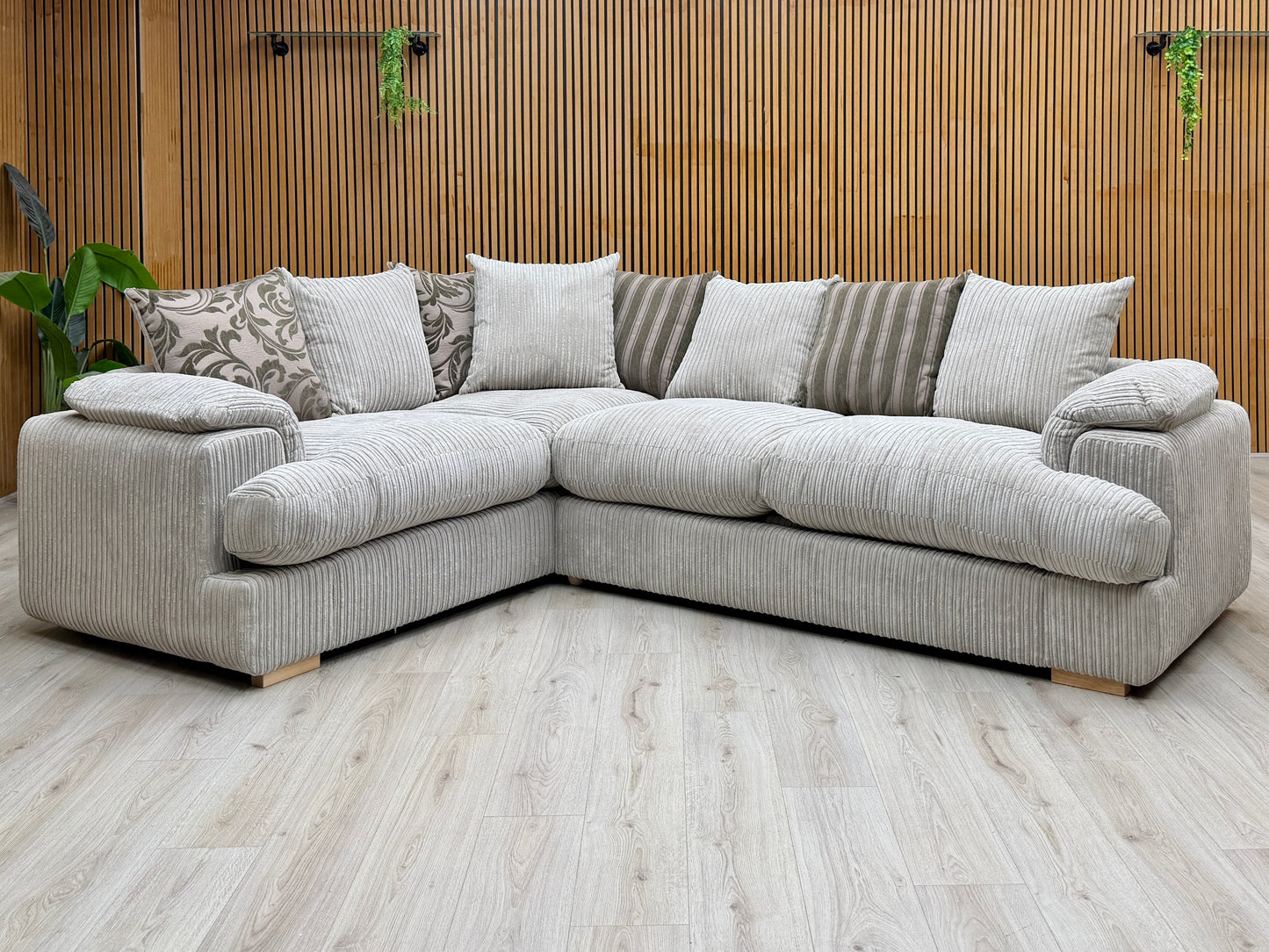 ‘Celine’ Mink and Mocha Celine Cord Fabric Right Arm Facing 2 Seater Pillow Back Deluxe Corner Sofa Bed