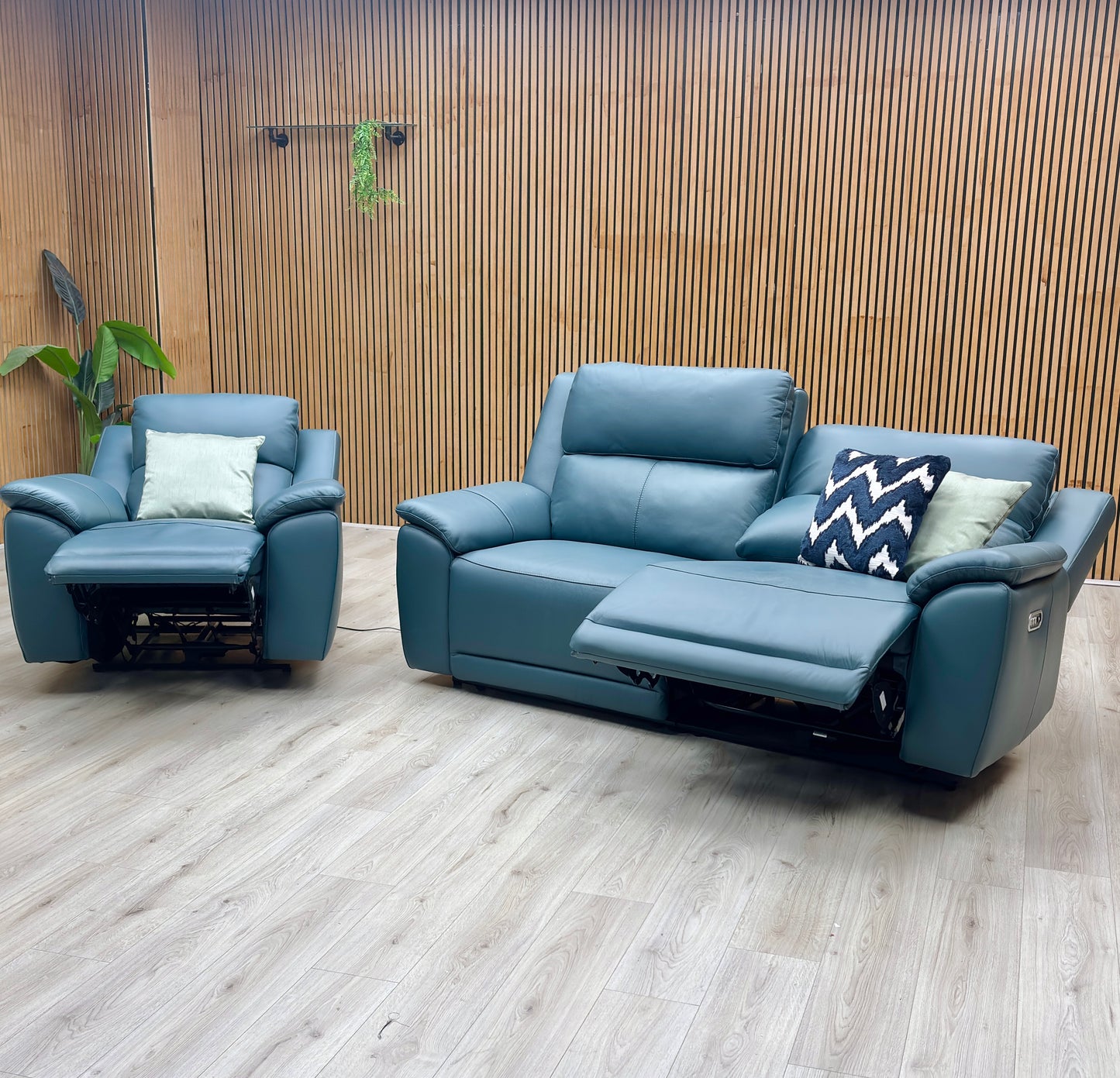 ‘Utah’ Midnight Jade Teal Matte Le-9324 Leather 3 Seater Power Recliner Sofa with Power Headrest and Power Lumbar + Power Chair with Heated Seat Furniture Village