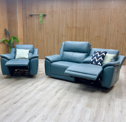 ‘Utah’ Midnight Jade Teal Matte Le-9324 Leather 3 Seater Power Recliner Sofa with Power Headrest and Power Lumbar + Power Chair with Heated Seat Furniture Village