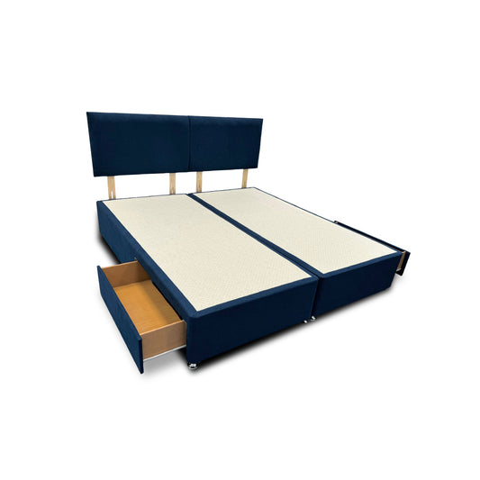 'Bella' Navy Velvet Divan Base + Headboard with 2 Drawers - Super King