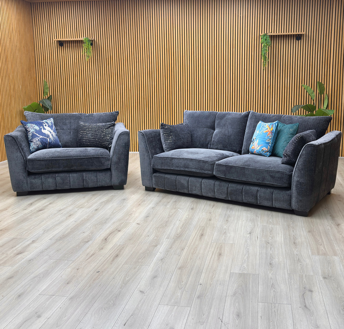 'Allure' Coco Indigo Woven Fabric 3 Seater Classic Back Sofa + Snuggler Chair Furniture Village