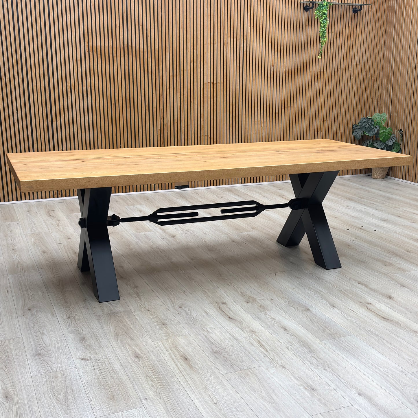 Bodahl ‘Terra’ 1 Oil Solid Oak Straight Top 240cm Tension Bolt X-Leg Dining Table with 04 Grey Leather Cantilever Dining Chairs & Dining Bench Furniture Village