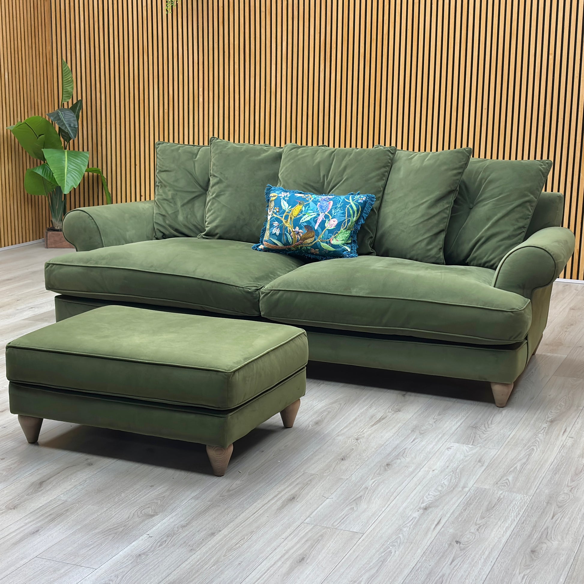 The Lounge Co. ‘Bronwyn’ Woo160 Woodland Moss Green Fabric 4 Seater Scatter Back Sofa + Footstool Furniture Village