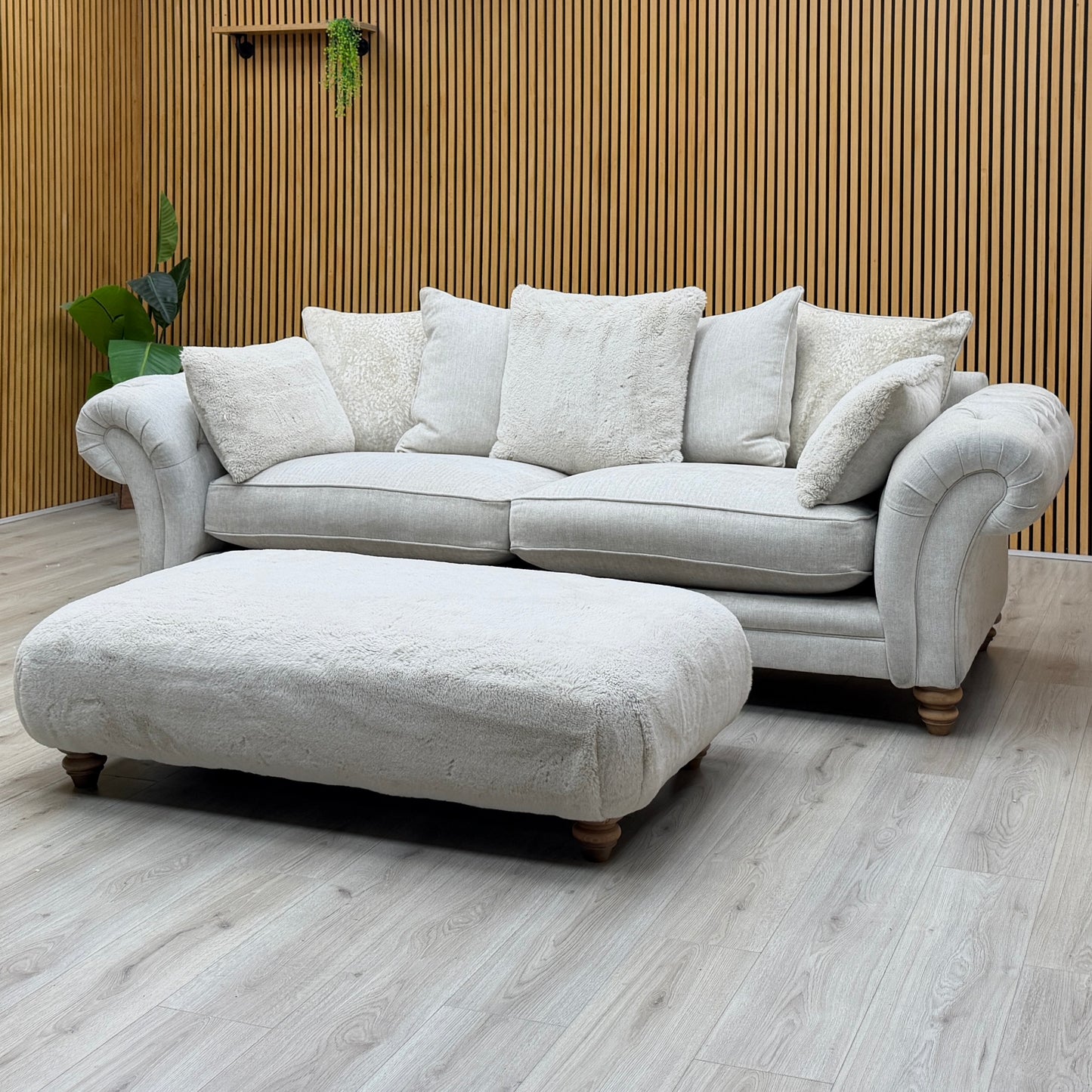 ‘Blenheim’ Darwin Ivory Fabric 4 + 4 Seater Scatter Back Sofa + Large Fur Footstool