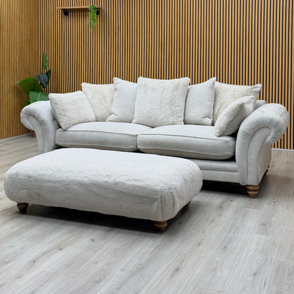 ‘Blenheim’ Darwin Ivory Fabric 4 Seater Scatter Back Sofa + Large Fur Footstool