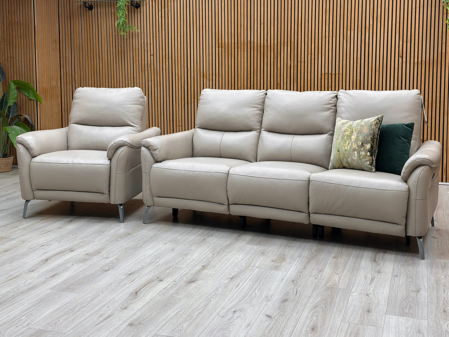 ‘Daytona’ Cat-40_08 Oyster Leather Set: 3 Seater Power Recliner + 2 Seater Standard Sofa with Chair Sofa Set Furniture Village