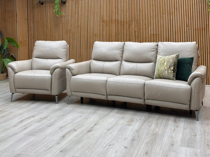 ‘Daytona’ Cat-40_08 Oyster Leather Set: 3 Seater Power Recliner + 2 Seater Standard Sofa with Chair Sofa Set Furniture Village