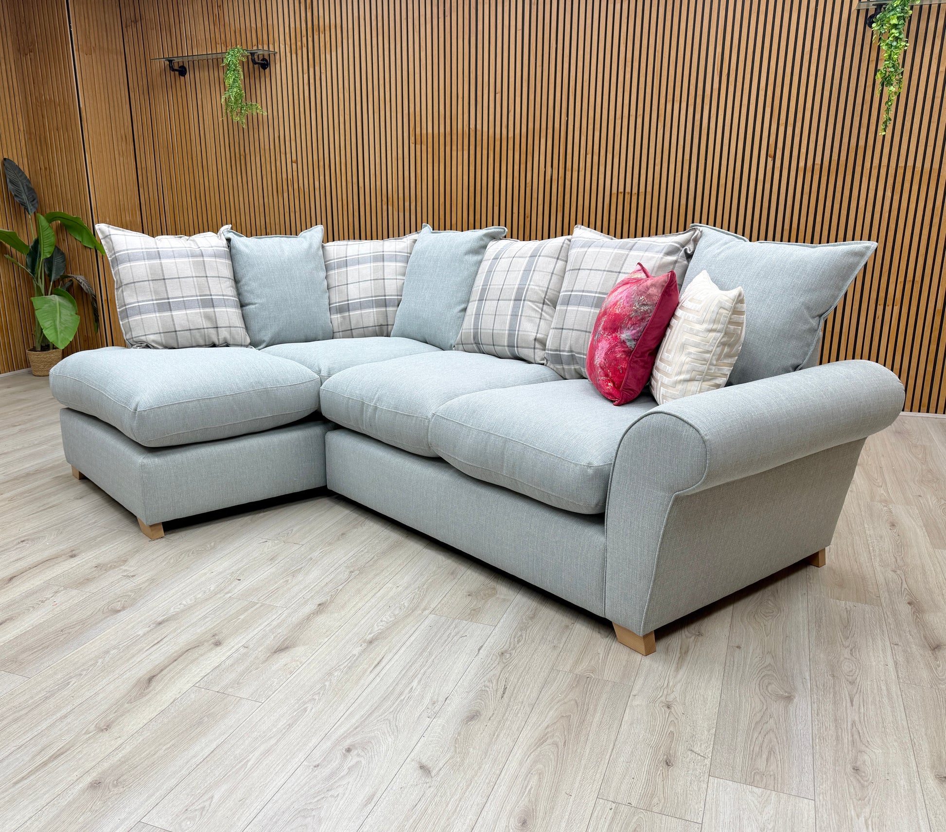 'Owen' Sky Blue Combination Cotswold Combination Fabric Pillow Back Right Hand Facing Arm Corner Sofa – view 3