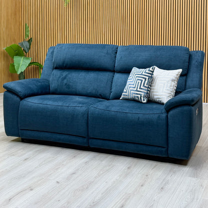 ‘Utah’ Giula Dark Blue Velvet Fabric 3 Seater Power Recliner Sofa with Power Headrests and Power Lumbar