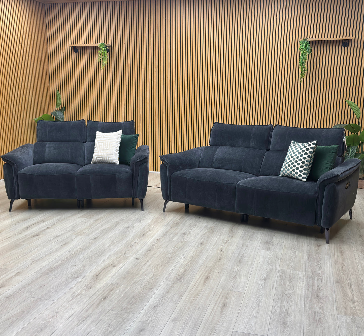 'Jude’ Manhattan Indigo Fabric 3 + 2 Seater Power Recliner Sofa Set with Power Headrests and Power Lumbar Furniture Village