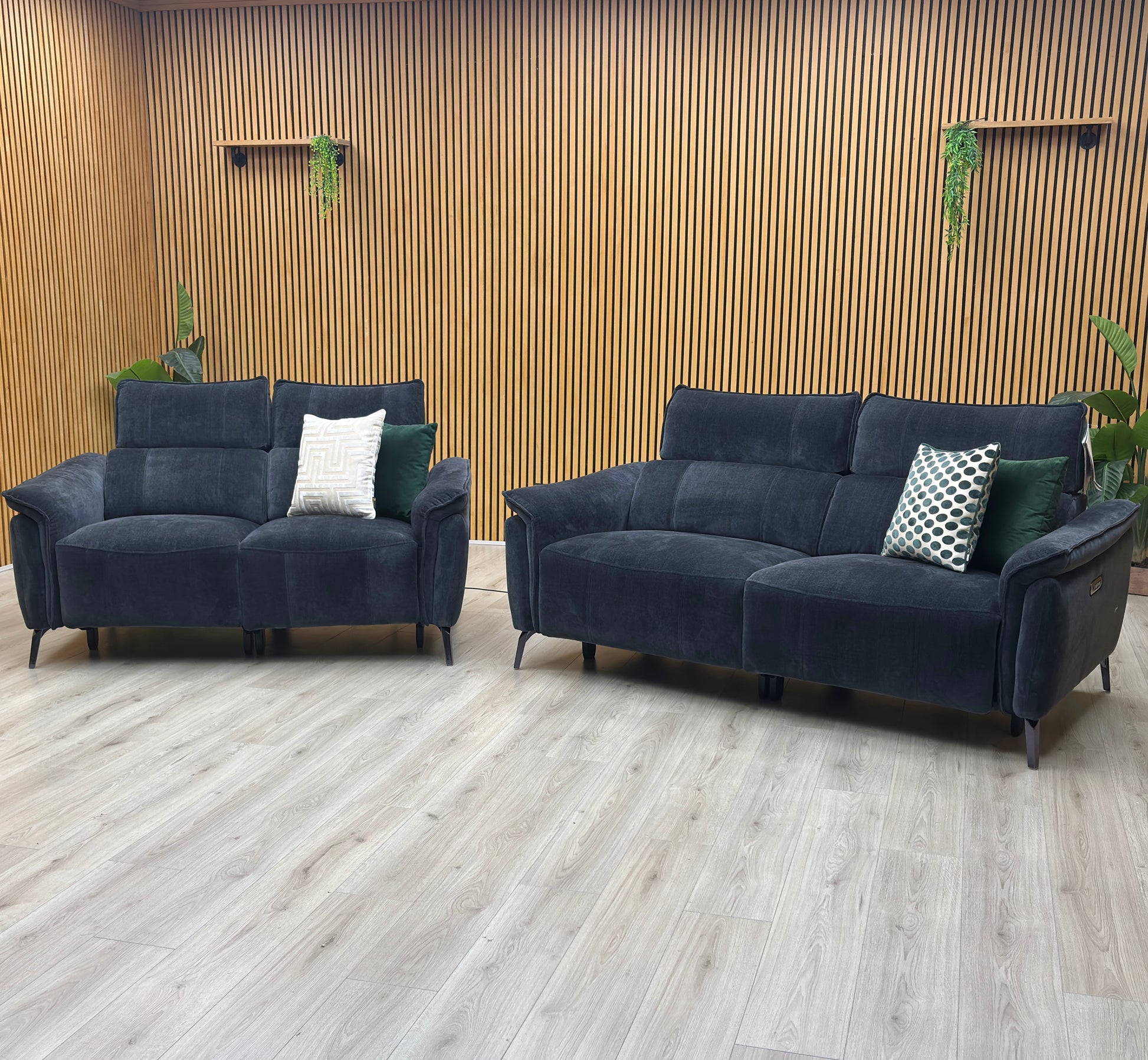 'Jude’ Manhattan Indigo Fabric 3 + 2 Seater Power Recliner Sofa Set with Power Headrests and Power Lumbar Furniture Village