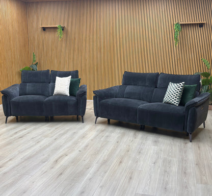 'Jude’ Manhattan Indigo Fabric 3 + 2 Seater Power Recliner Sofa Set with Power Headrests and Power Lumbar Furniture Village