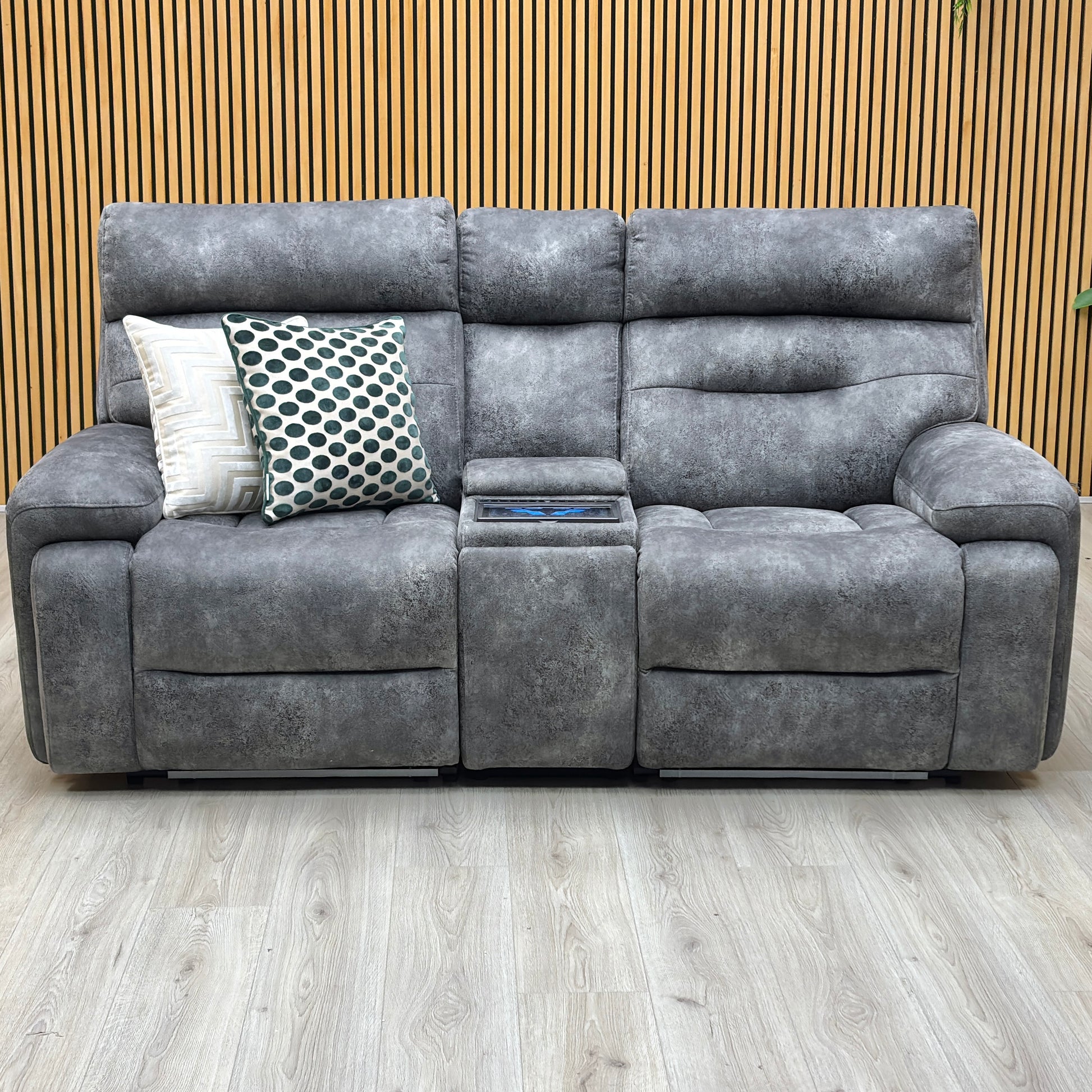 ‘Cinemax’ Marque Seal Grey Mq-0106 Velvet Fabric Set: 2 Seater Media Console Power Recliner with Power Headrests – view 3