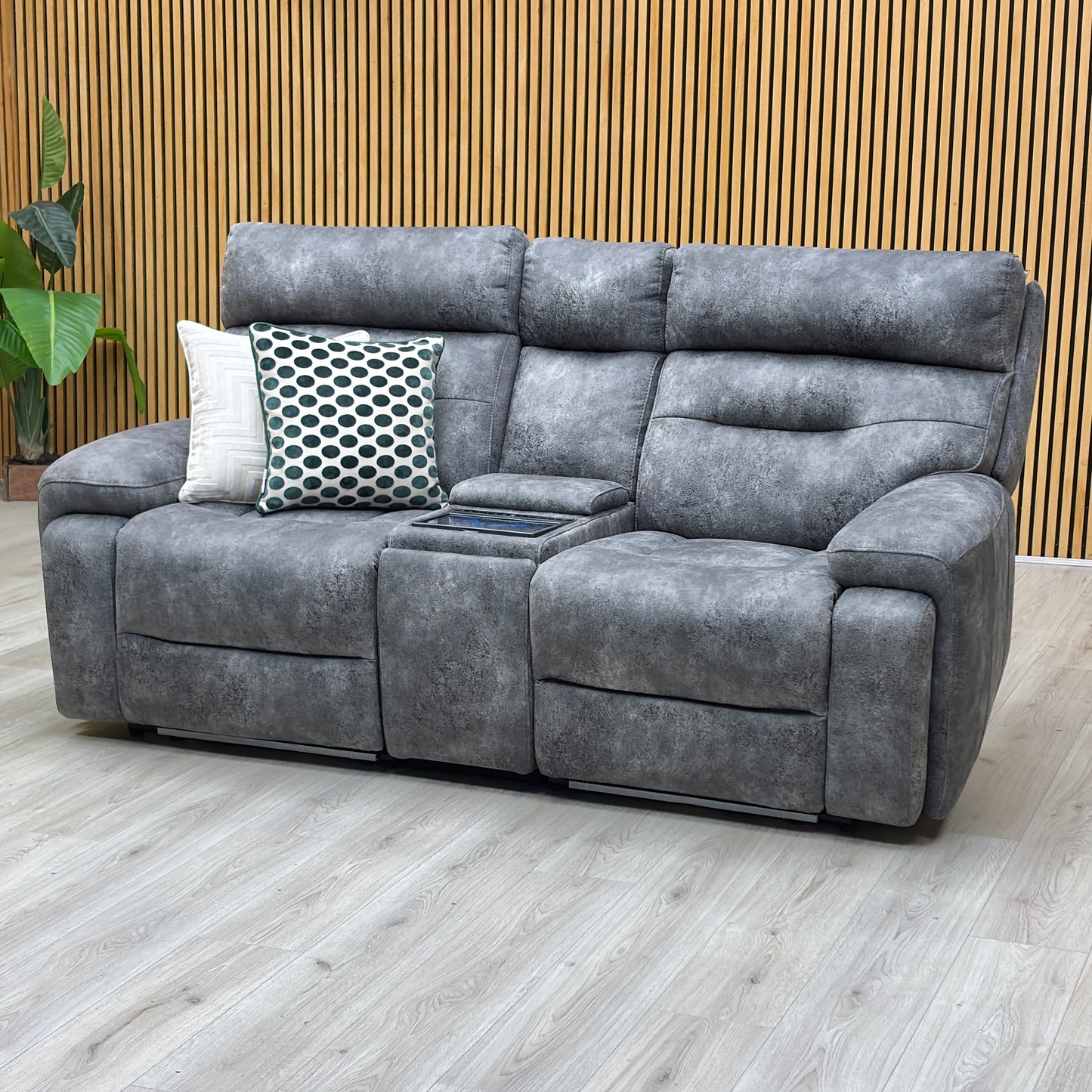 ‘Cinemax’ Marque Seal Grey Mq-0106 Velvet Fabric 2 Seater Media Console Power Recliner Sofa with Power Headrests Furniture Village