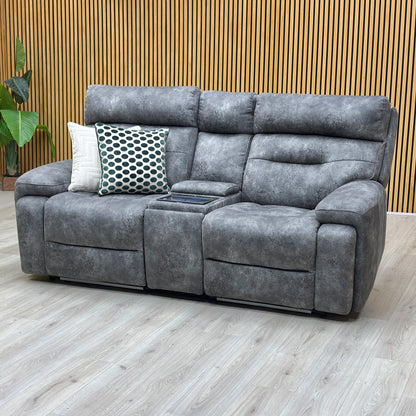 ‘Cinemax’ Marque Seal Grey Mq-0106 Velvet Fabric 2 Seater Media Console Power Recliner Sofa with Power Headrests Furniture Village