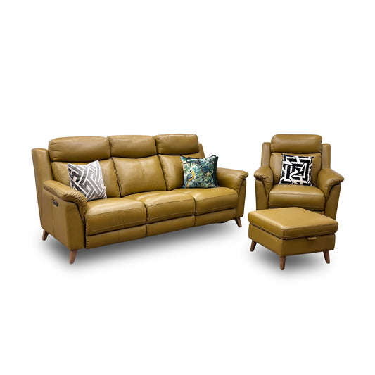 ‘Sienna' Mustard Leather 3 Seater Power Recliner Sofa with Power Headrests + Power Recliner Chair with Power Headrest + Storage Footstool