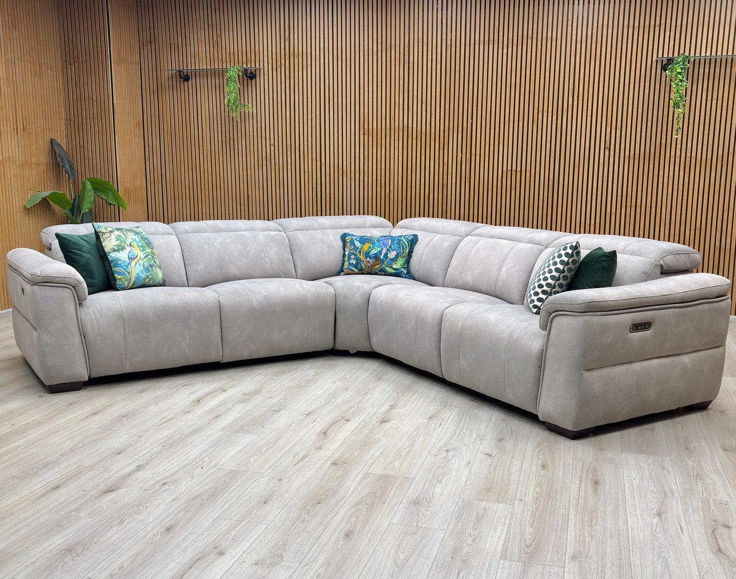 ‘Inca’ Dexter Stone Fabric Large Power Recliner Corner Sofa with Power Headrests Furniture Village