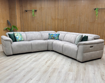 ‘Inca’ Dexter Stone Fabric Large Power Recliner Corner Sofa with Power Headrests Furniture Village