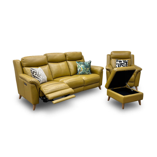 ‘Sienna' Mustard Leather 3 Seater Power Recliner Sofa with Power Headrests + Power Recliner Chair with Power Headrest + Storage Footstool