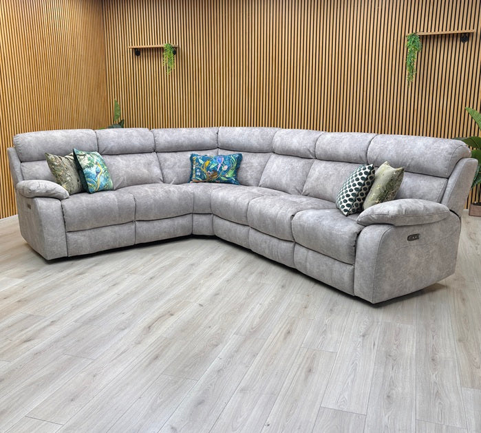 ‘Moreno’ Bfa-Bnn-R28 Grey Velvet Fabric Power Recliner Corner Sofa with Power Headrests + Armless Unit Furniture Village