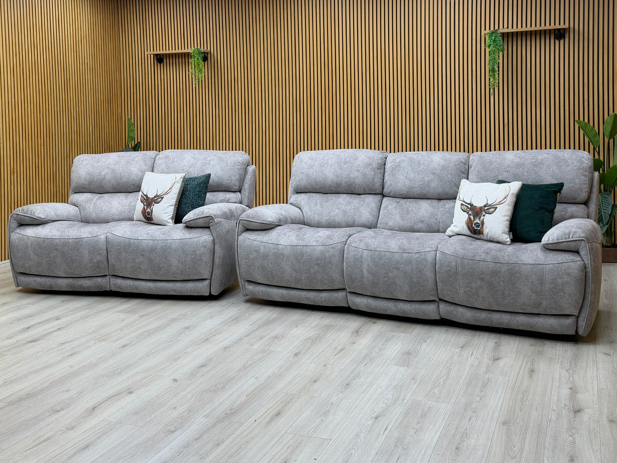 'Link' Bfa-Bnn-R28 Grey Velvet Fabric 3 + 2 Seater Power Recliner Sofa Set with Power Headrests