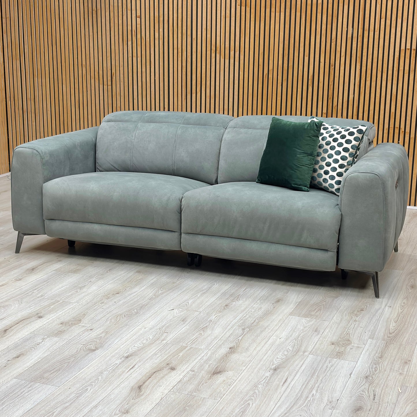 ‘Ezra’ Dexter Fern Green Fabric 3 Seater Power Recliner Sofa with Power Headrests Furniture Village
