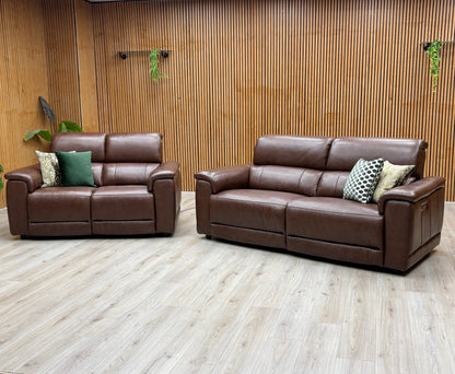 'Genius' Montana Chocolate Brown Leather 3+ 2 Seater Power Recliner Sofa Set with Power Headrests and Power Lumbar Furniture Village